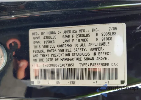2005 Honda Accord 3.0 Ex from USA, damaged, VIN 1HGCM66525A073851